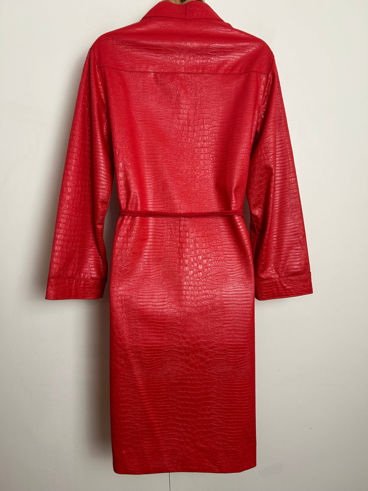 Vintage 1980s HANBURY LTD UK Size 10-12 Red Wet Look Reptile Print Long Sleeve Belted Day Dress