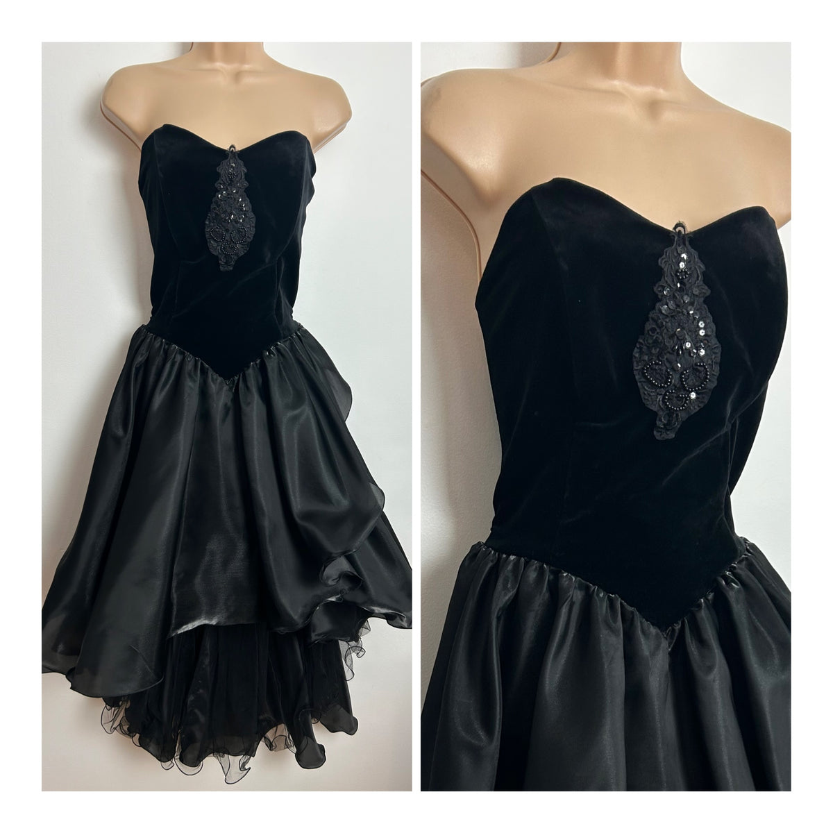 Vintage 1980s SINAC Size 8 Black Velvet & Taffeta Strapless Boned Bead Applique Detail Dipped Hem Party Prom Dress