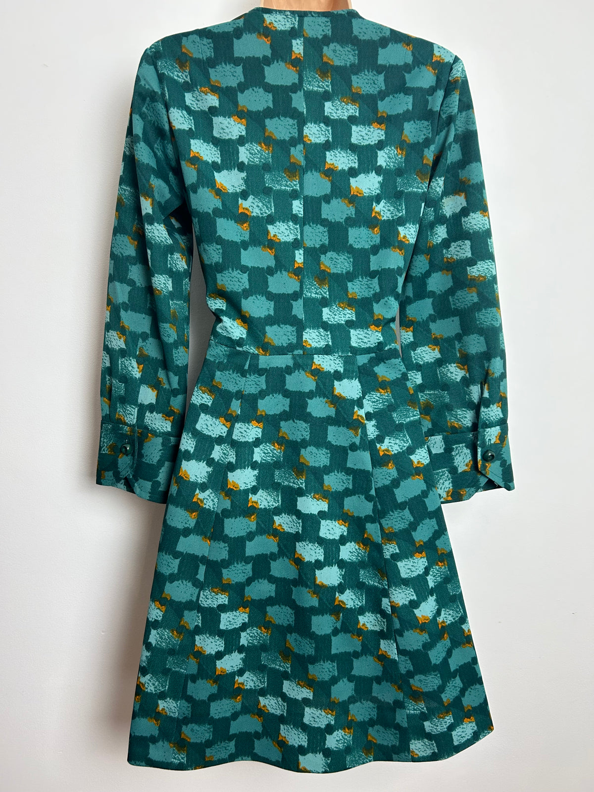 Vintage Late 1960s Size 10 Teal Abstract Print Long Sleeve Fit & Flare Mod Dress