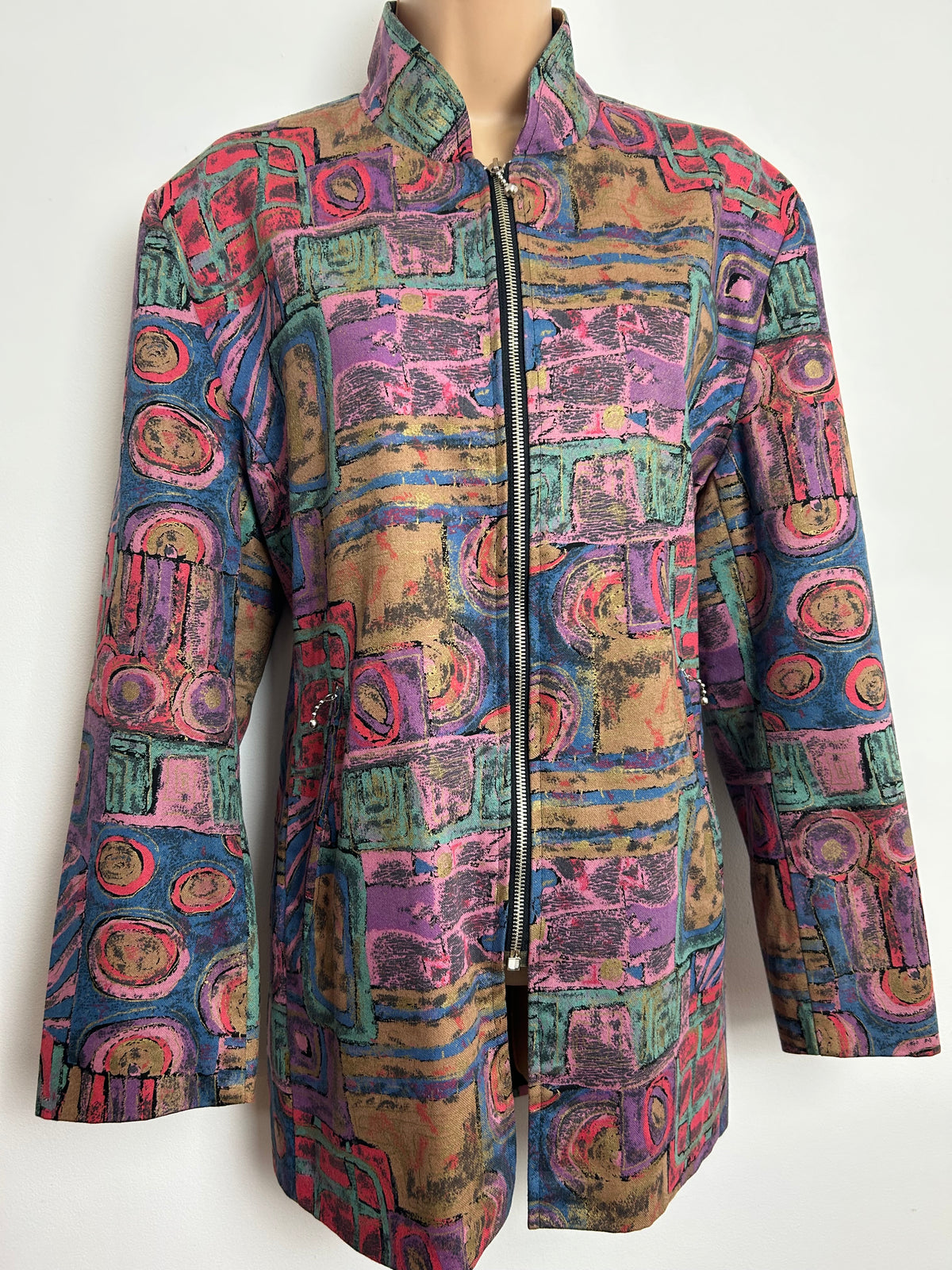Vintage Late 1980s Size 12-14 Pink Lilac & Green Tones Abstract Print Zip Fronted Jacket