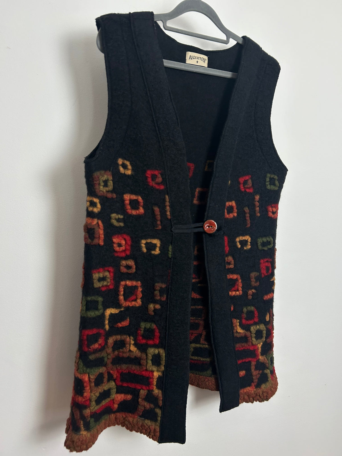 Vintage Size 12-14 Very Dark Grey Multi Square Pattern Wool Long Length Waistcoat