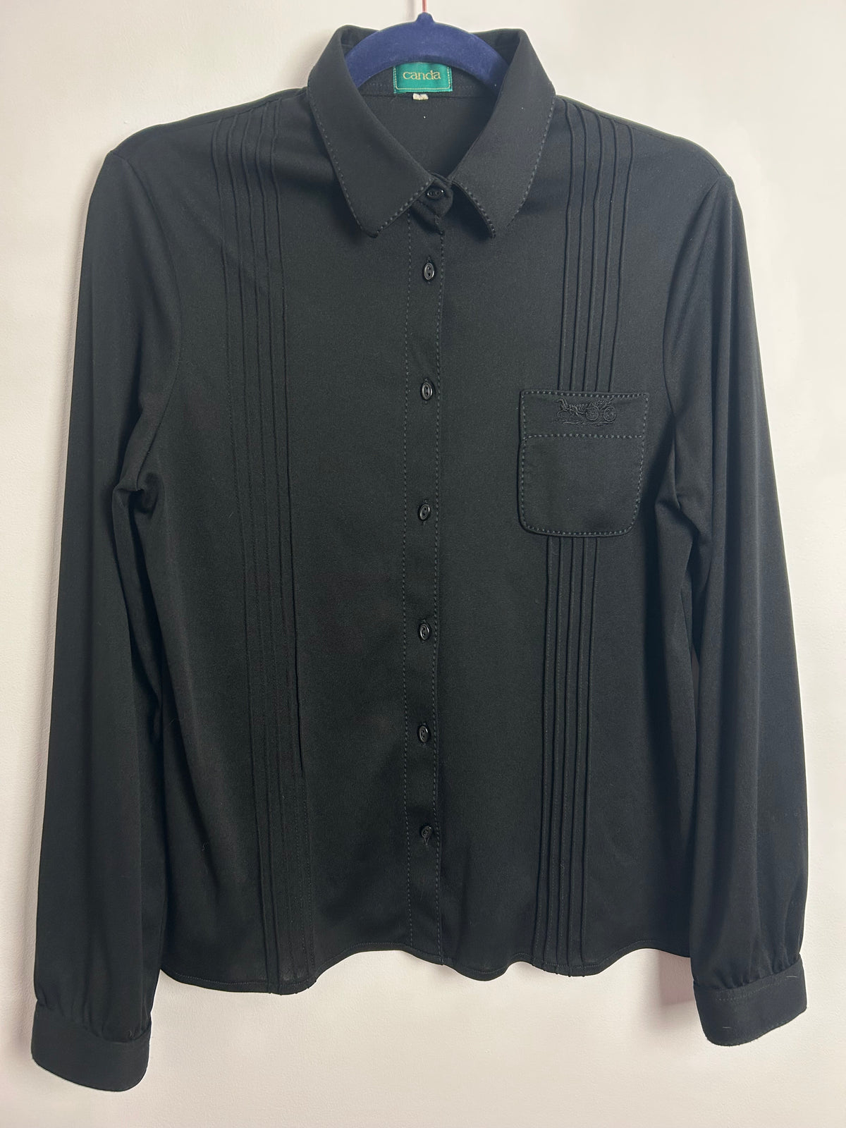 Vintage 1970s CANDA UK Size 12 Black Pintuck Pleated Long Sleeve Pocket Detail Shirt