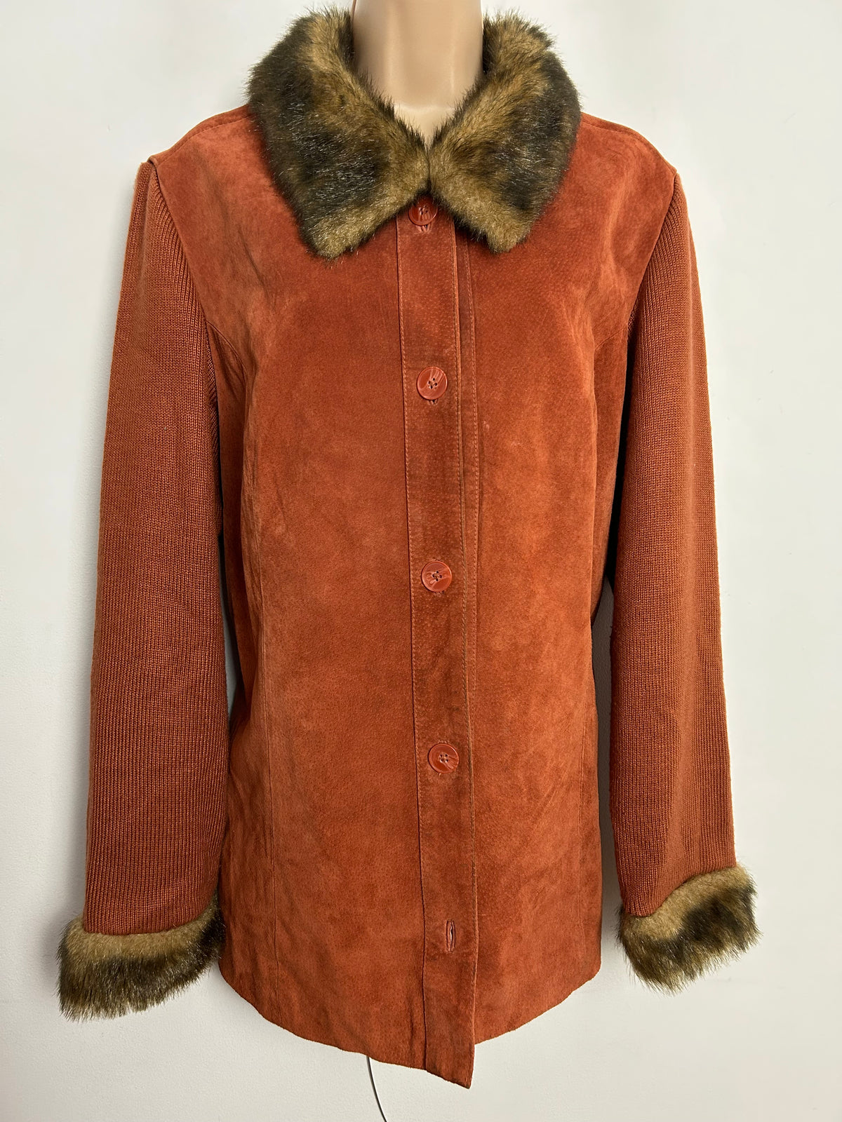 DENNIS BASSO UK Size L (14-16) Rusty Orange Genuine Suede & Wool Mix Faux Fur Trim Jacket