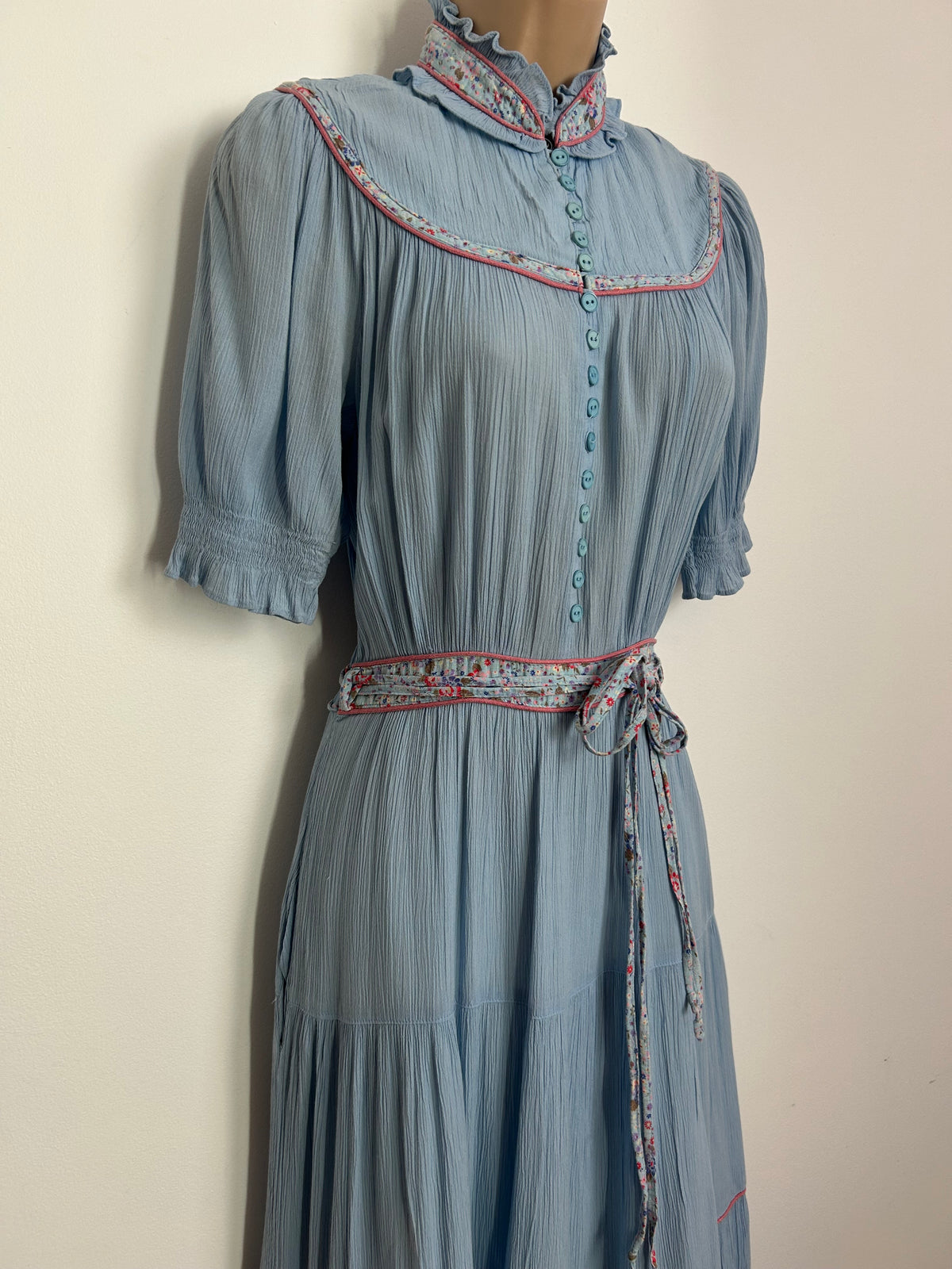 Vintage Late 1970s ELKONT Size 8 Pale Blue Cheesecloth Cotton Prairie Boho Midi Day Dress