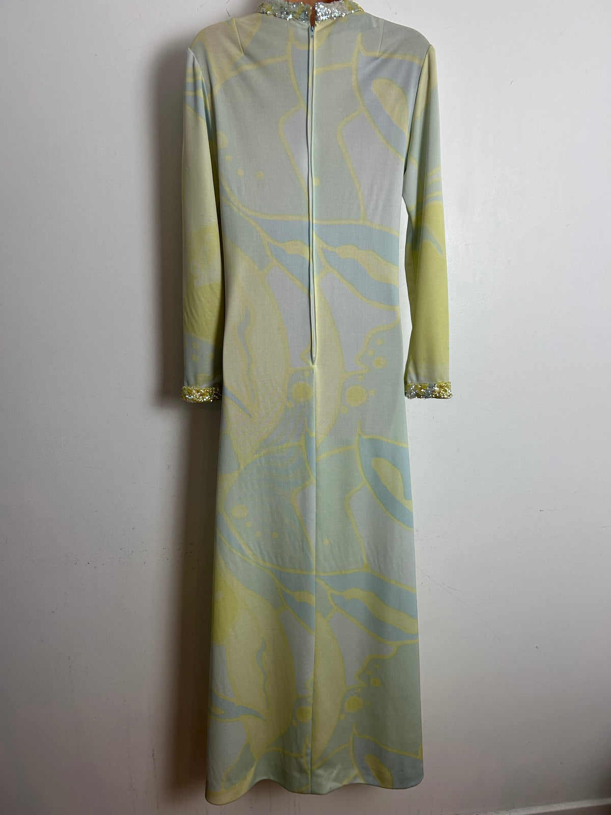 Vintage Late 1960s FRANK USHER Size 10-12 Patel Lemon Blue & Mint Green Abstract Sequin Trim Occasion Maxi Dress s