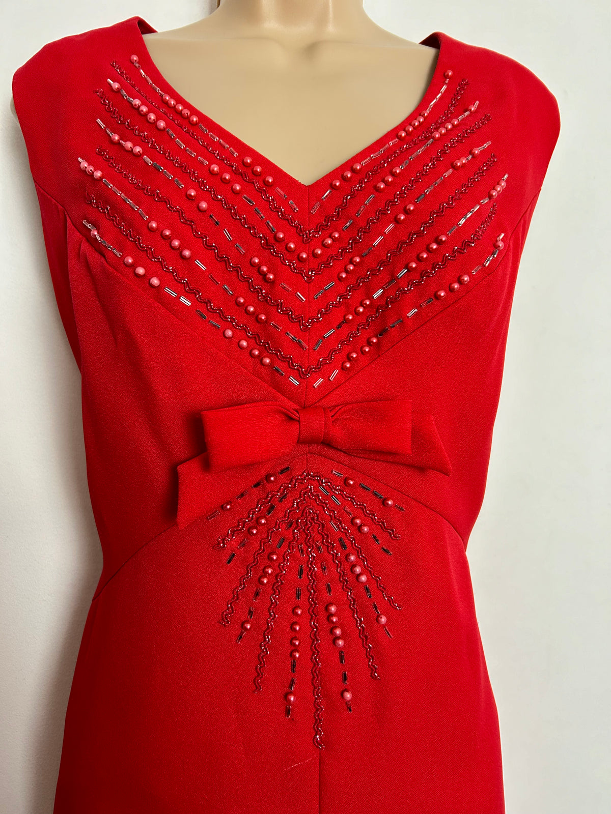 Vintage Late 1960s UK Size 12-14 Red Bead & Bow Embellished Occasion Evening Maxi Dress
