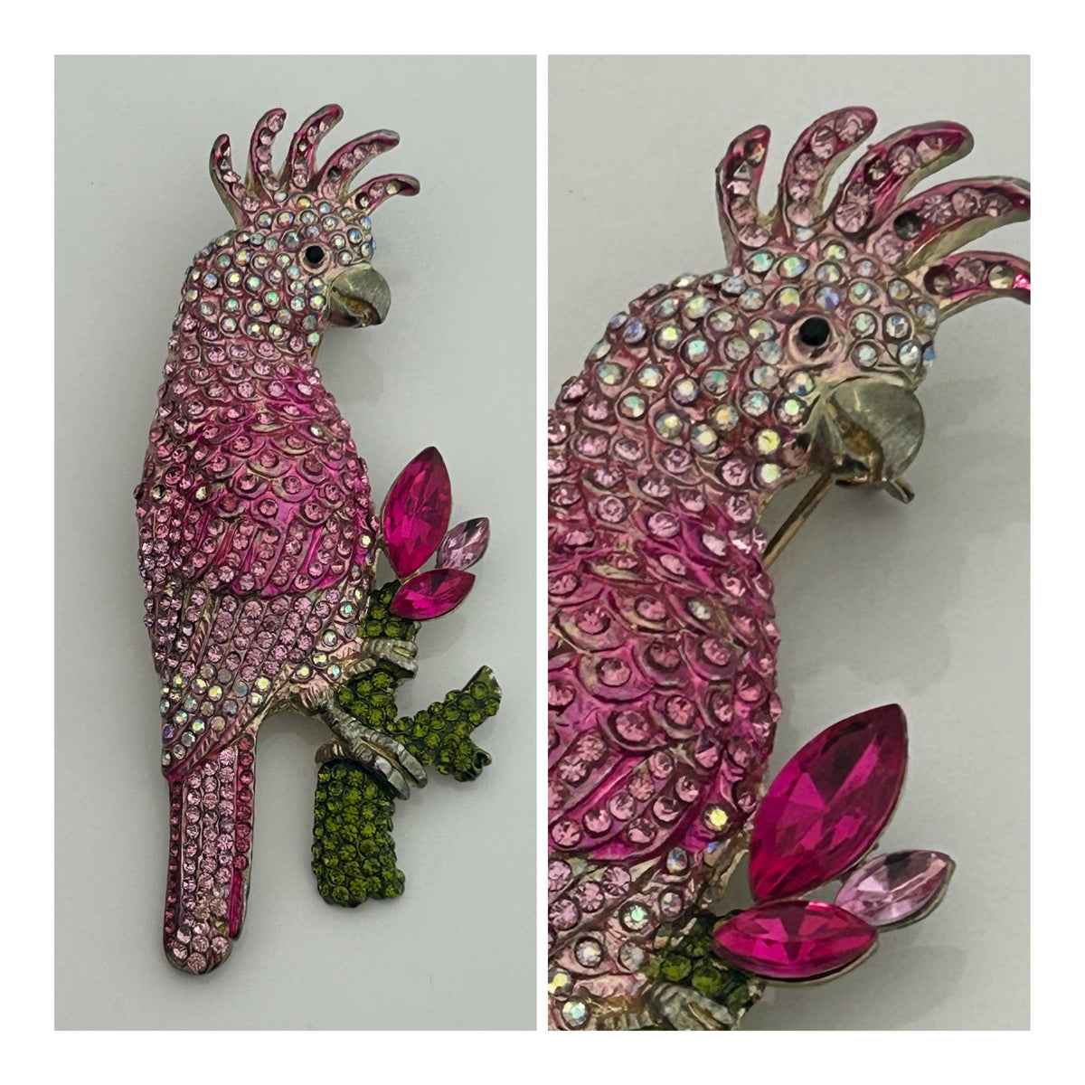 Vintage 1980s Large Pink Tones Diamante Rhinestone Set Parrot Brooch
