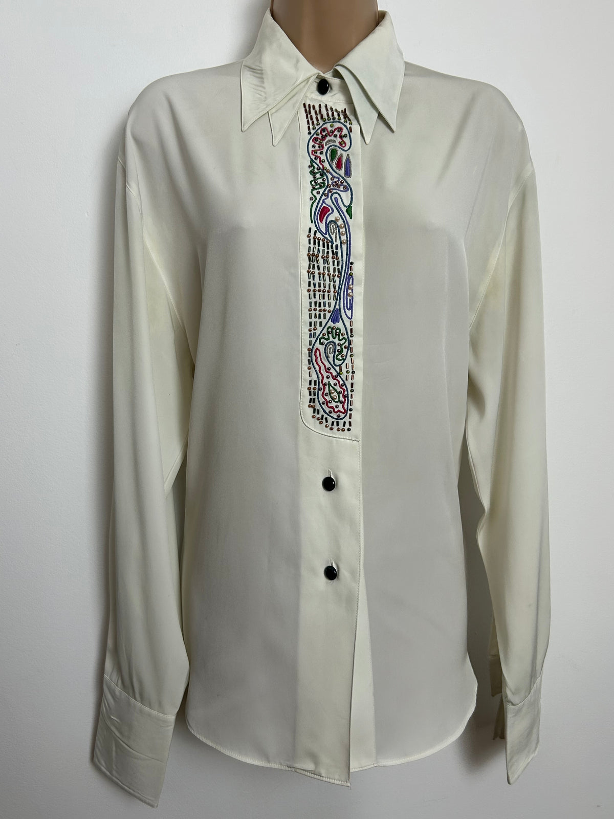 Vintage 1980s Size 12 Off White Double Collared Bead & Embroidered Placket Detail Shirt/Blouse