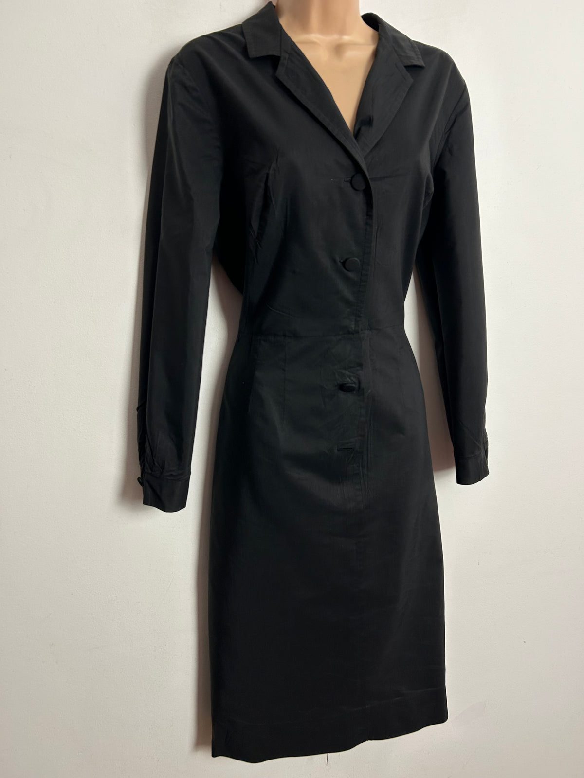 Vintage 1950s ALFRED SHAHEEN UK Size 12 Black Polished Cotton Long Sleeve Fitted Dress