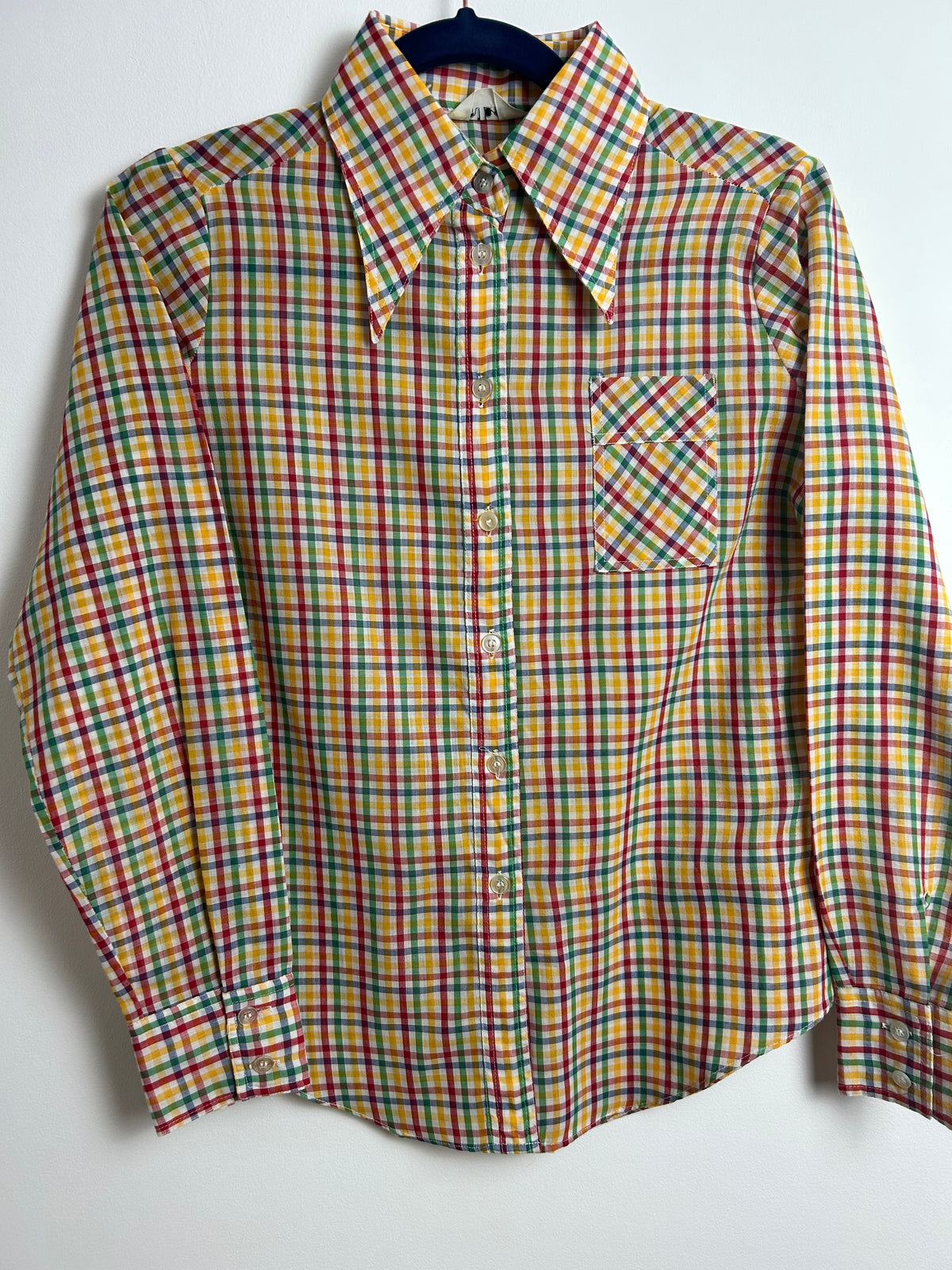 Vintage 1970s Size 10 Yellow Green Red & Blue Check Print Dagger Collar Cotton Mix Shirt