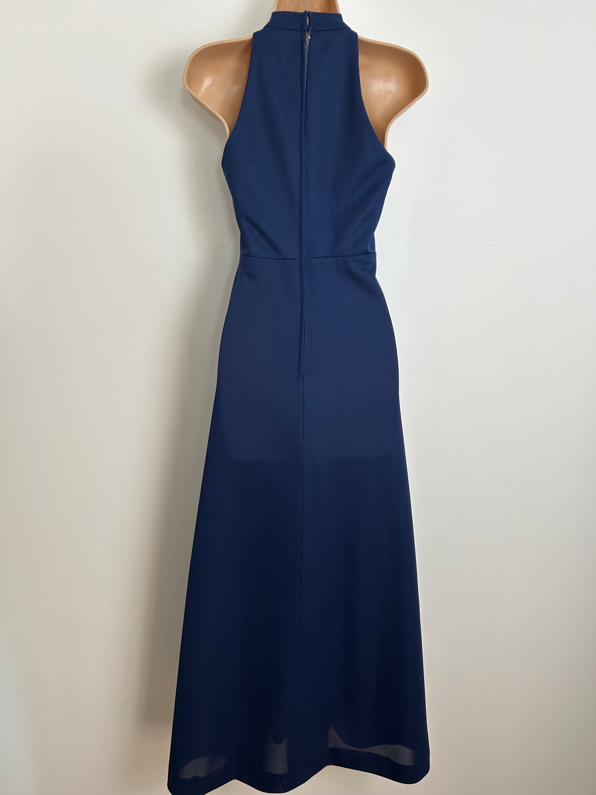 Vintage 1970s Size 8 Navy Blue Sleeveless Braid & Braid Trim Sleeveless Maxi Dress