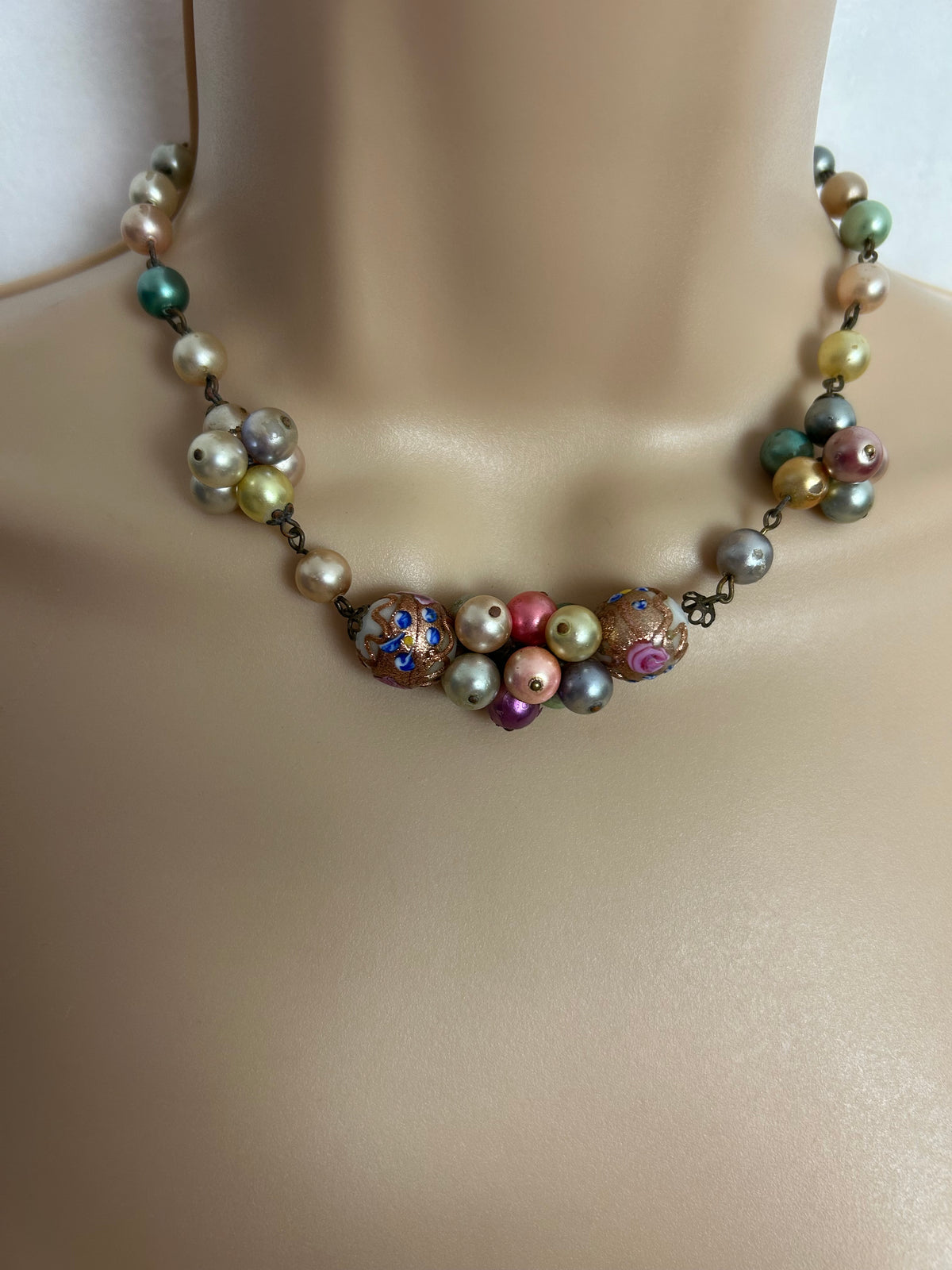 Vintage Venetian Murano Pink Blue & White Coated Glass Wedding Cake Lamp Work Beaded Necklace