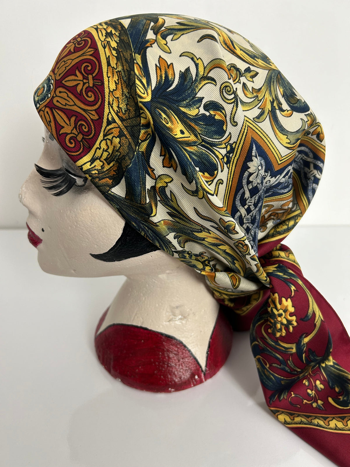Vintage Italian MILANA Dark Red Nouveau Baroque Print Large Polyester Scarf 87cm x 87cm