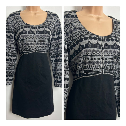 Vintage 1960s CLIFTON Size 14 Black & Metallic Silver Lurex Evening Mod Dress