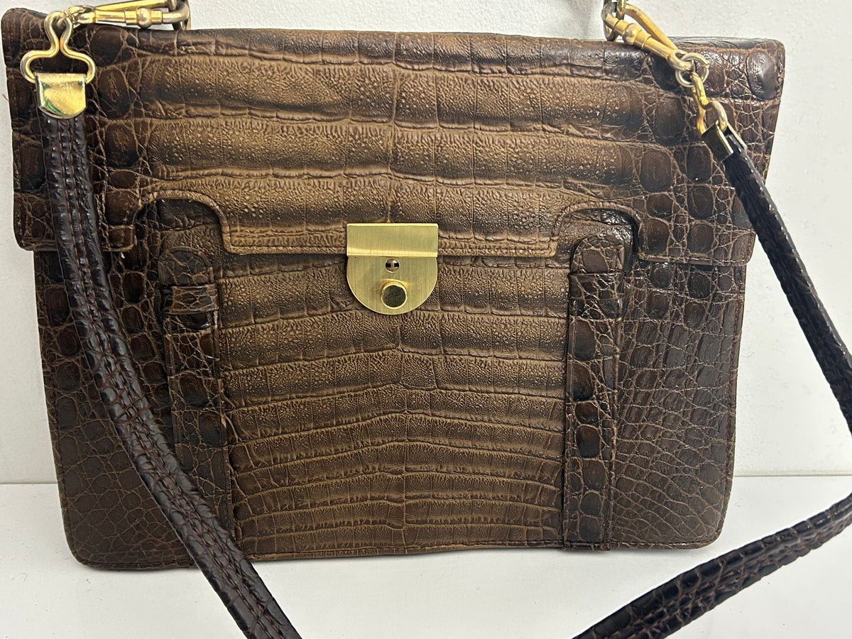 Vintage 1970s Large Brown Real Leather Mock Croc Handbag