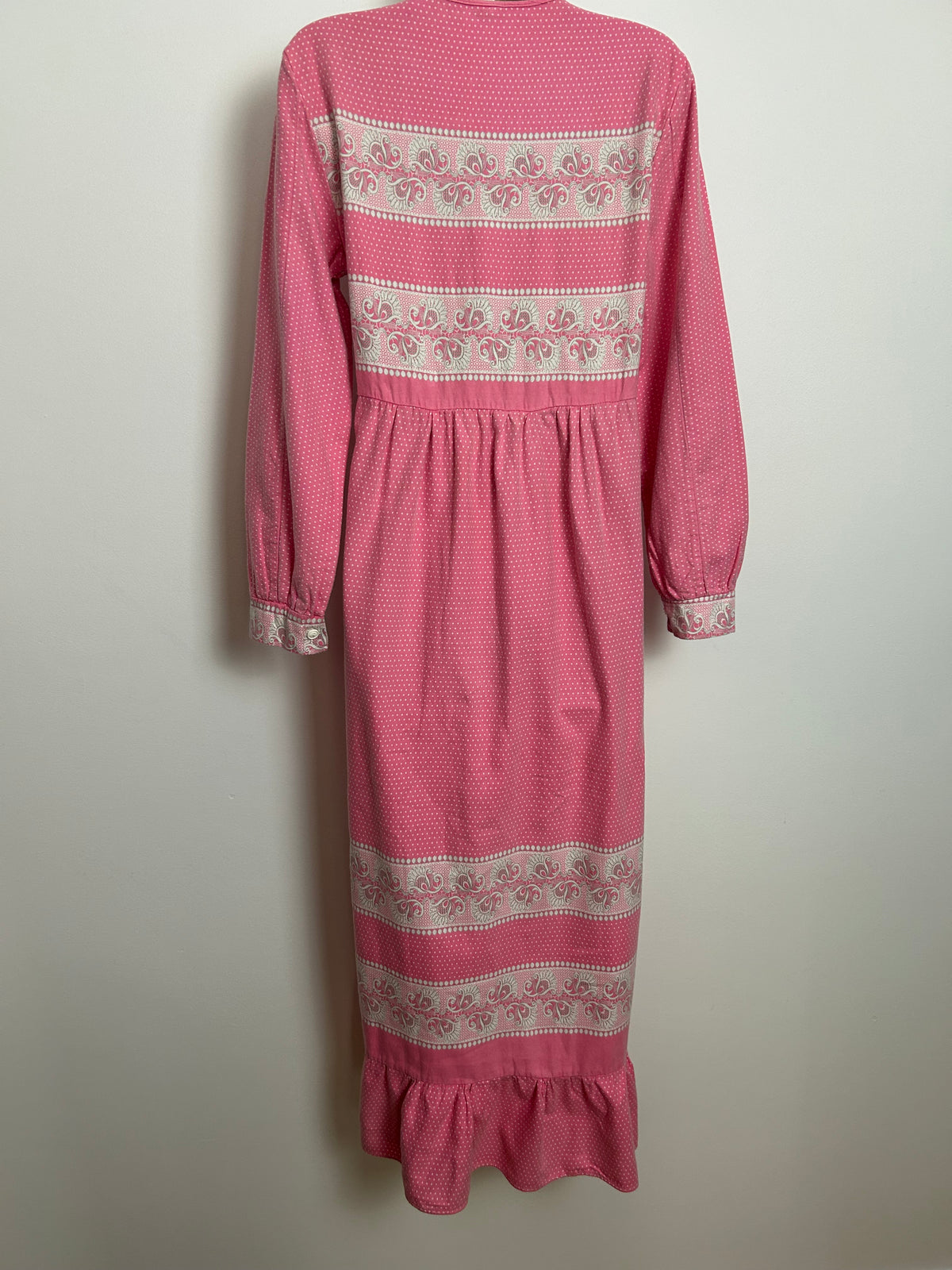 Vintage 1970s Size 12-14 Pink & White Polka Dot Print Long Sleeve Cotton Maxi Nightdress