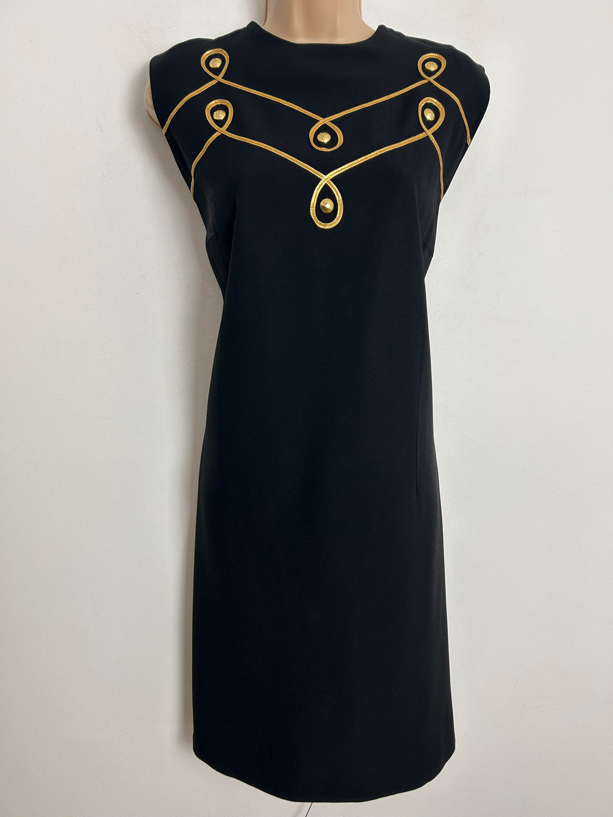Vintage 1960s UK Size 14 Black & Gold Braid Trim Little Black Evening Party Mod Shift Dress