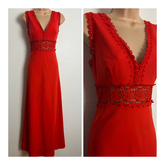 Vintage Early 1970s Size 10 Red Floral Lace Panel Sleeveless Occasion Evening Maxi Dress