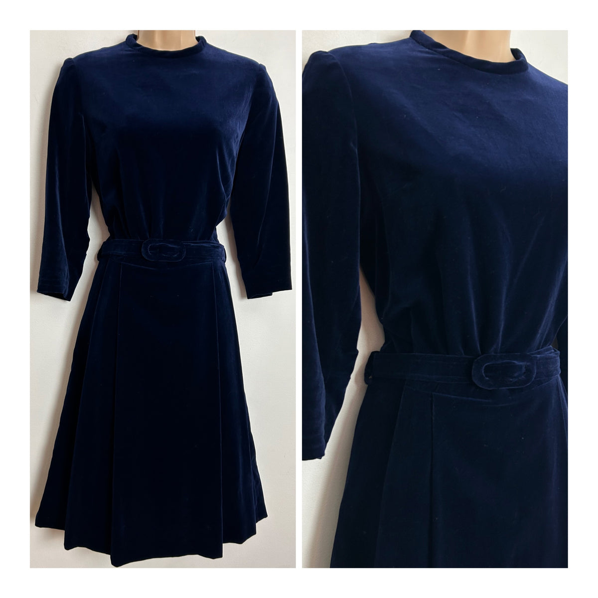Vintage 1960s UK Size 10-12 Dark Midnight Blue Velvet Belted Pleated Dress