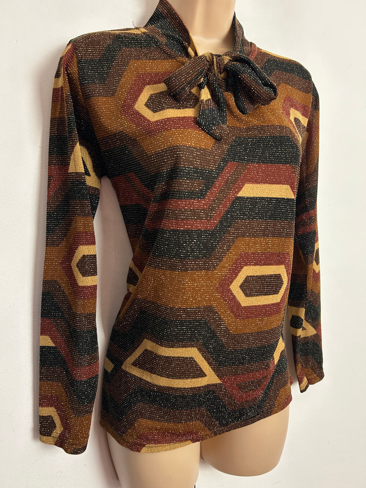 Vintage 1970s UK Size 12-14 Brown & Bronze Tones Geo Print Lurex Tie Neck Long Sleeve Blouse