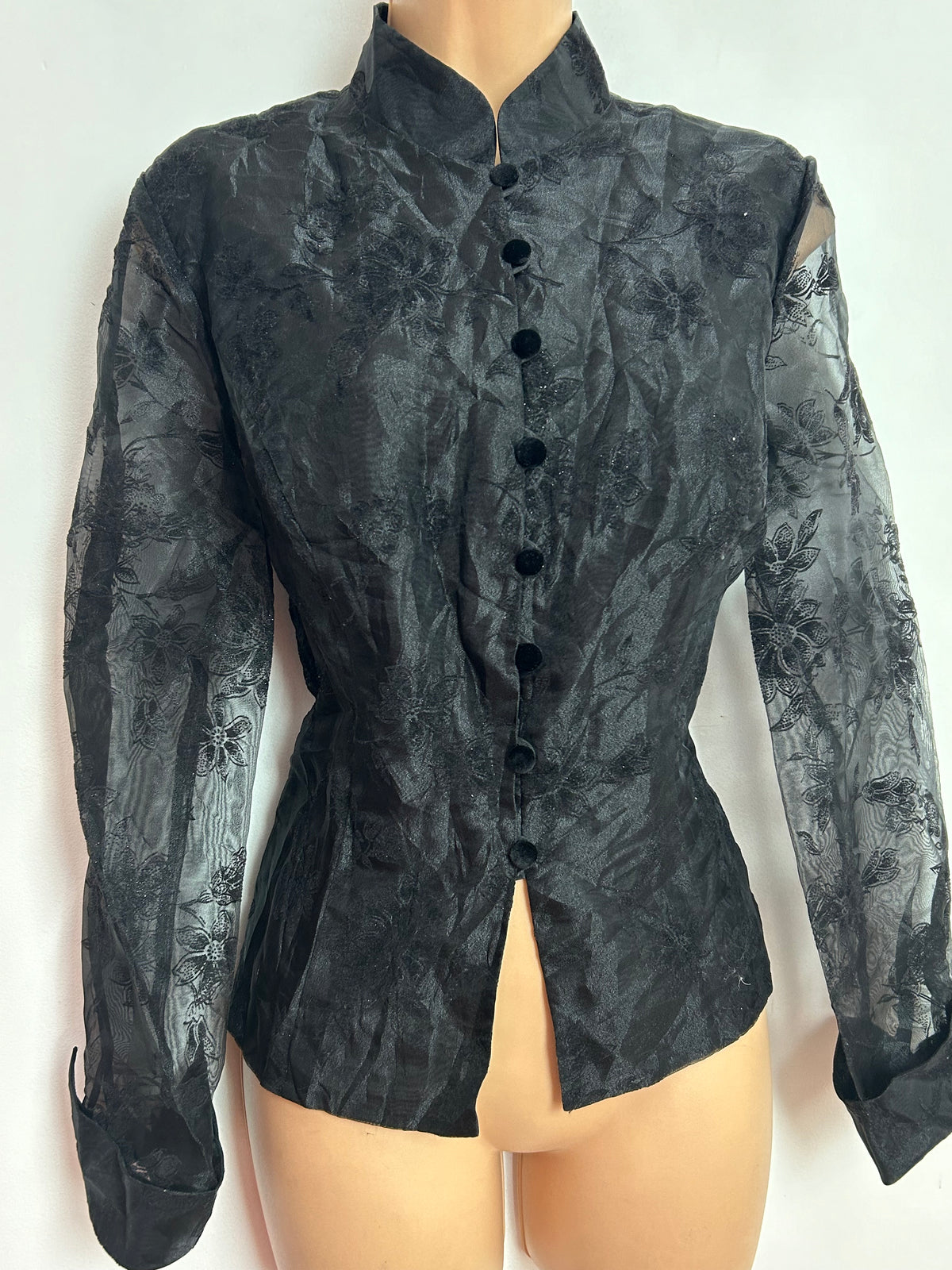Vintage 1980s ALEX EVENINGS UK Size 12 Organza Chiffon Velvet Flock Long Sleeve Blouse