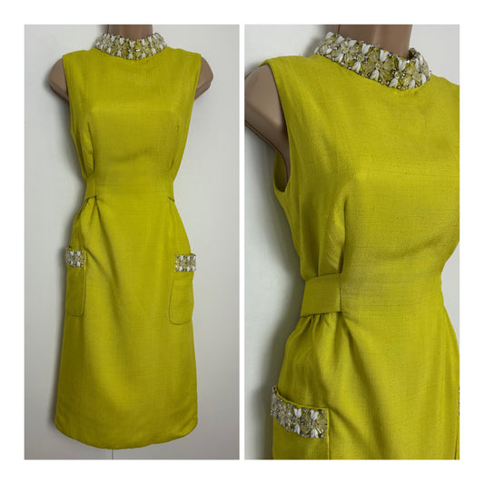 Vintage 1960s DYNASTY INTERNATIONAL Size 10  Chartreuse Bead Embellished Mod Special Occasion Party Dress