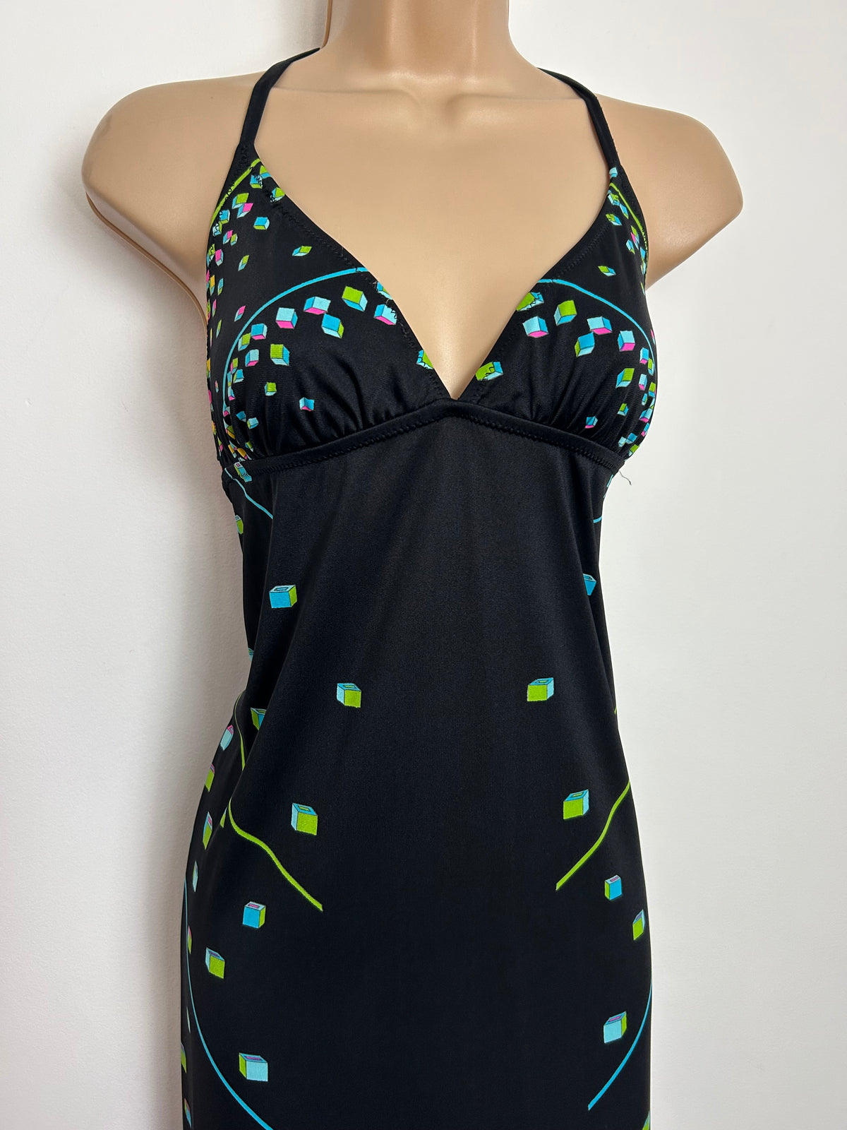 Vintage 1970s Size 8-10 Black & Mulitcolour Geometeric Square Print Halterneck Open Tie Back Maxi Dress