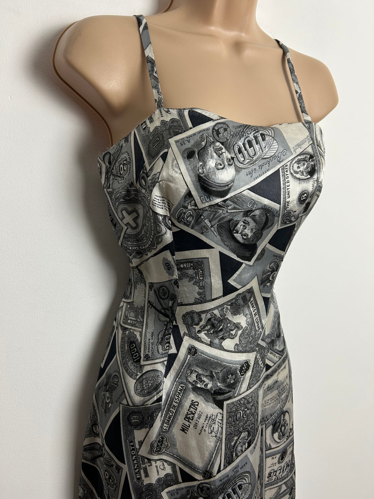 Vintage Late 1950s Early 1960's Size 8 Black Grey & White Bank Notes Novelty Print Strappy Fitted Maxi Dress