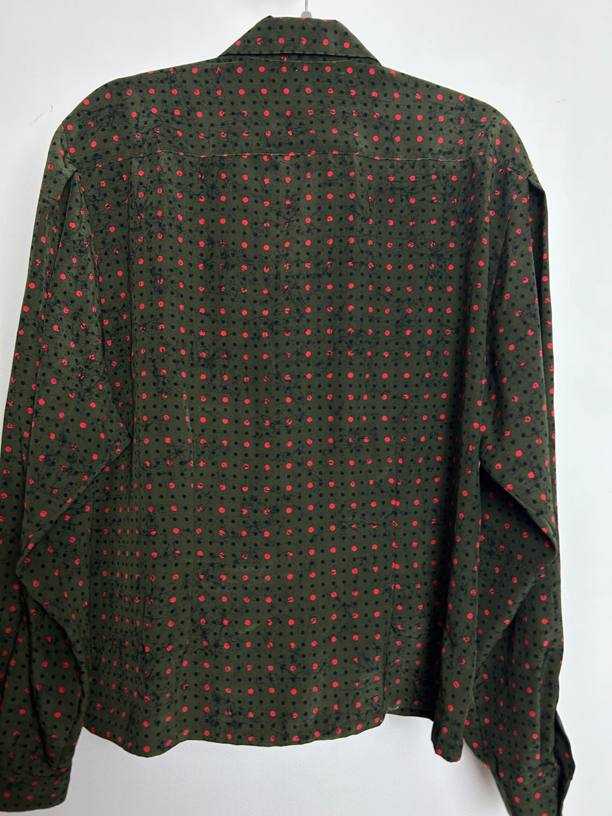 Vintage 1970s JAEGER Size 14 Dark Green Red & Black Polka Dot Print Long Sleeve Blouse/Top