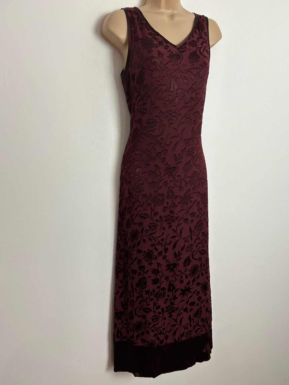Vintage 1990s LAURA ASHLEY UK Size 10 (Size 12 On Label) Dark Claret Red Floral Damask Silk Mix Midi Occasion Dress