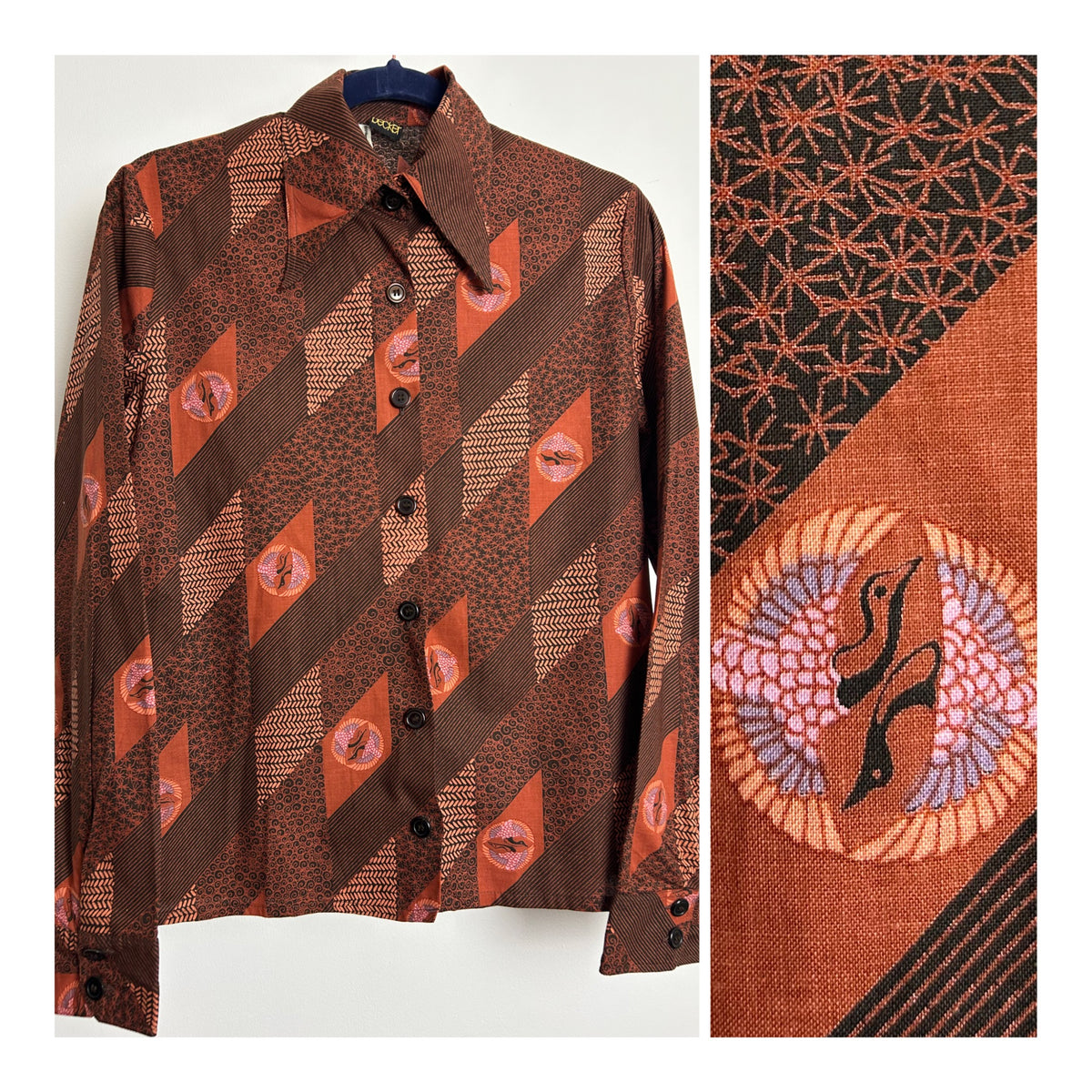 Vintage 1970s STUDIO BECKER Size 8-10 Brown Tones Abstract & Bird Print Cotton Shirt