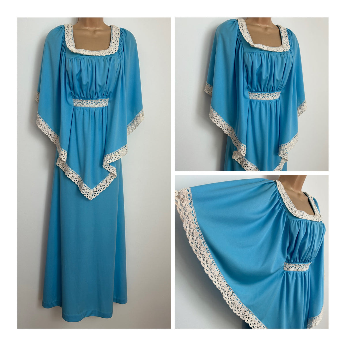 Vintage 1970s THE HOUSE OF NICHOLAS Size 12 Blue & White Crochet Lace Trim Wide Cape Sleeve Boho Maxi Dress