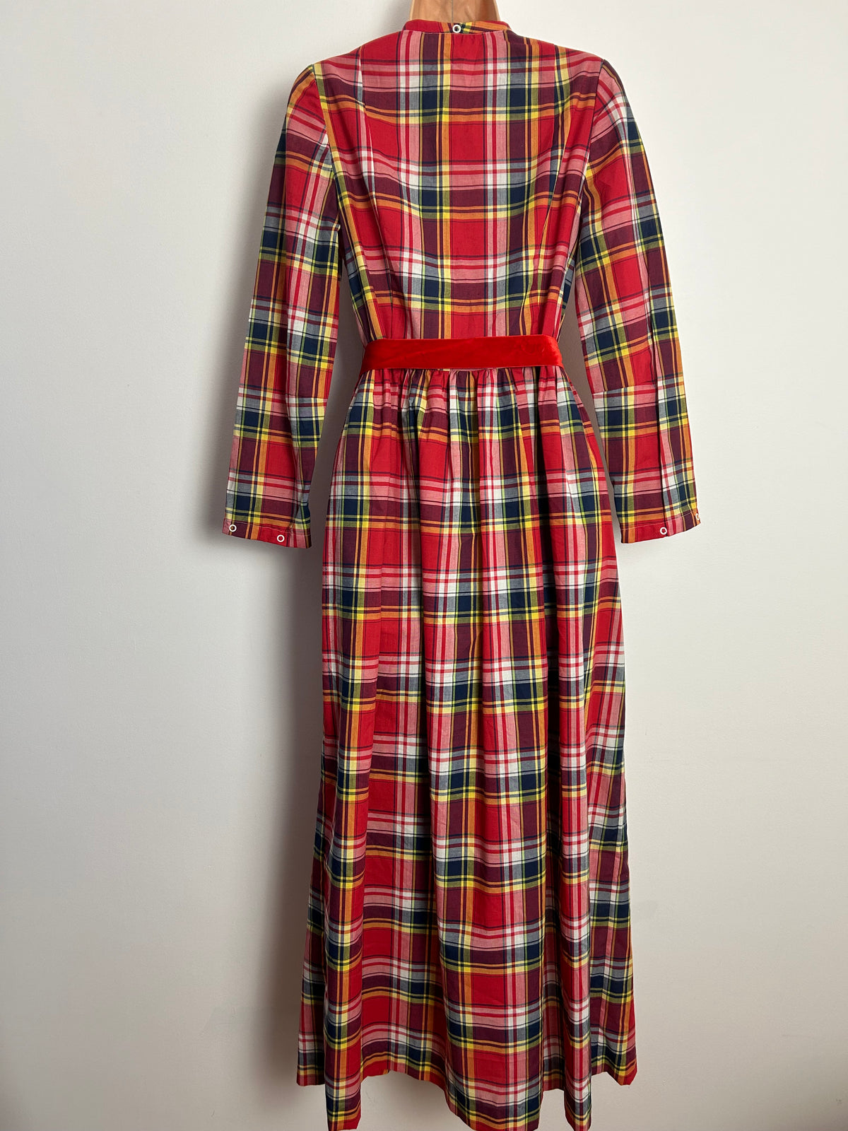 Vintage 1970s FURSTENBERG UK Size 10 Red Tartan Check Removeable Collared Full Wrap Belted Maxi Dress