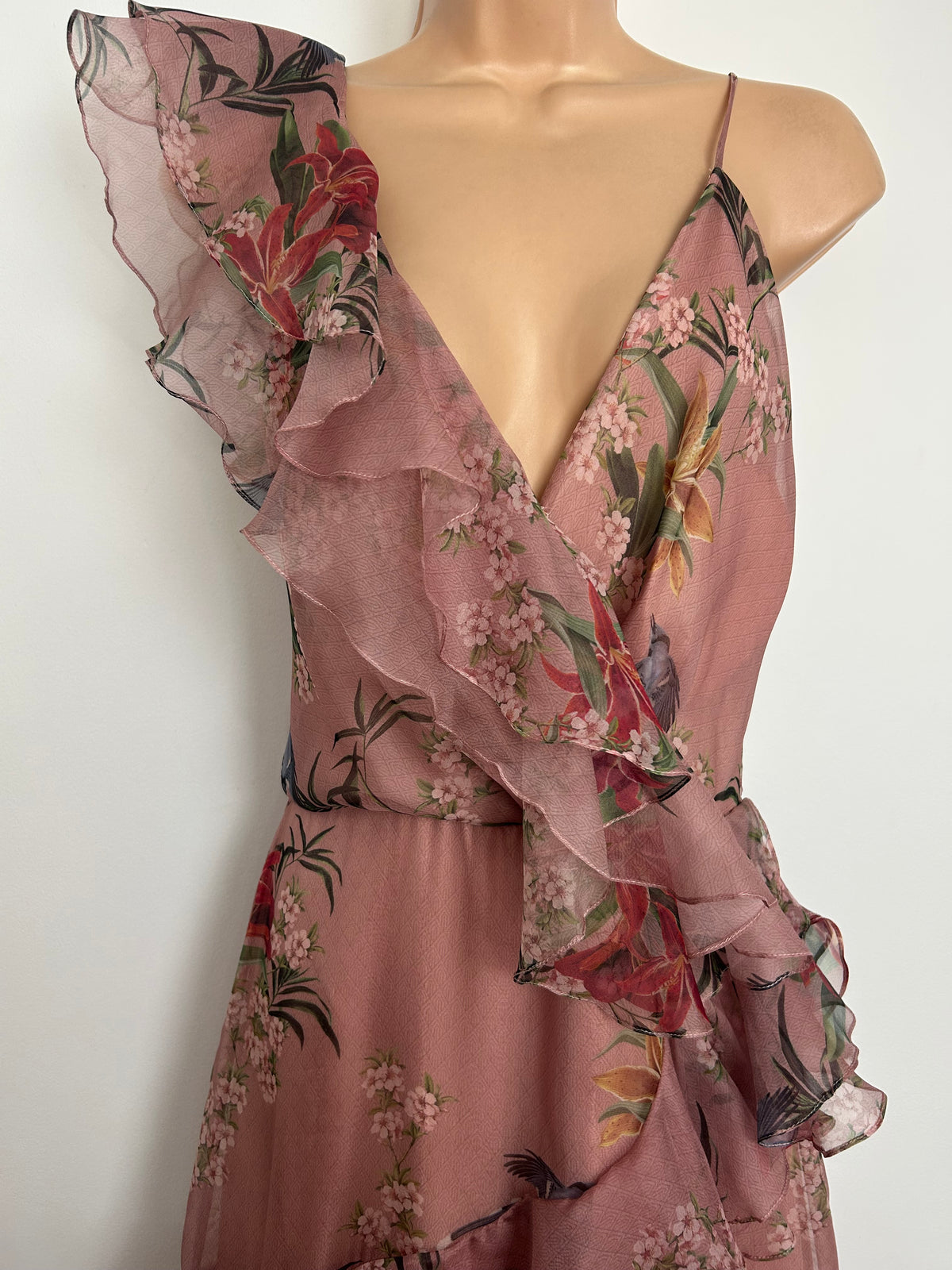 Designer JOHANNE ORTIZ Size 10 (US 6) Pale Pink Floral & Bird Print 100% Silk Ruffle Trim "The Place Of Silent Dress Occasion Maxi Dress