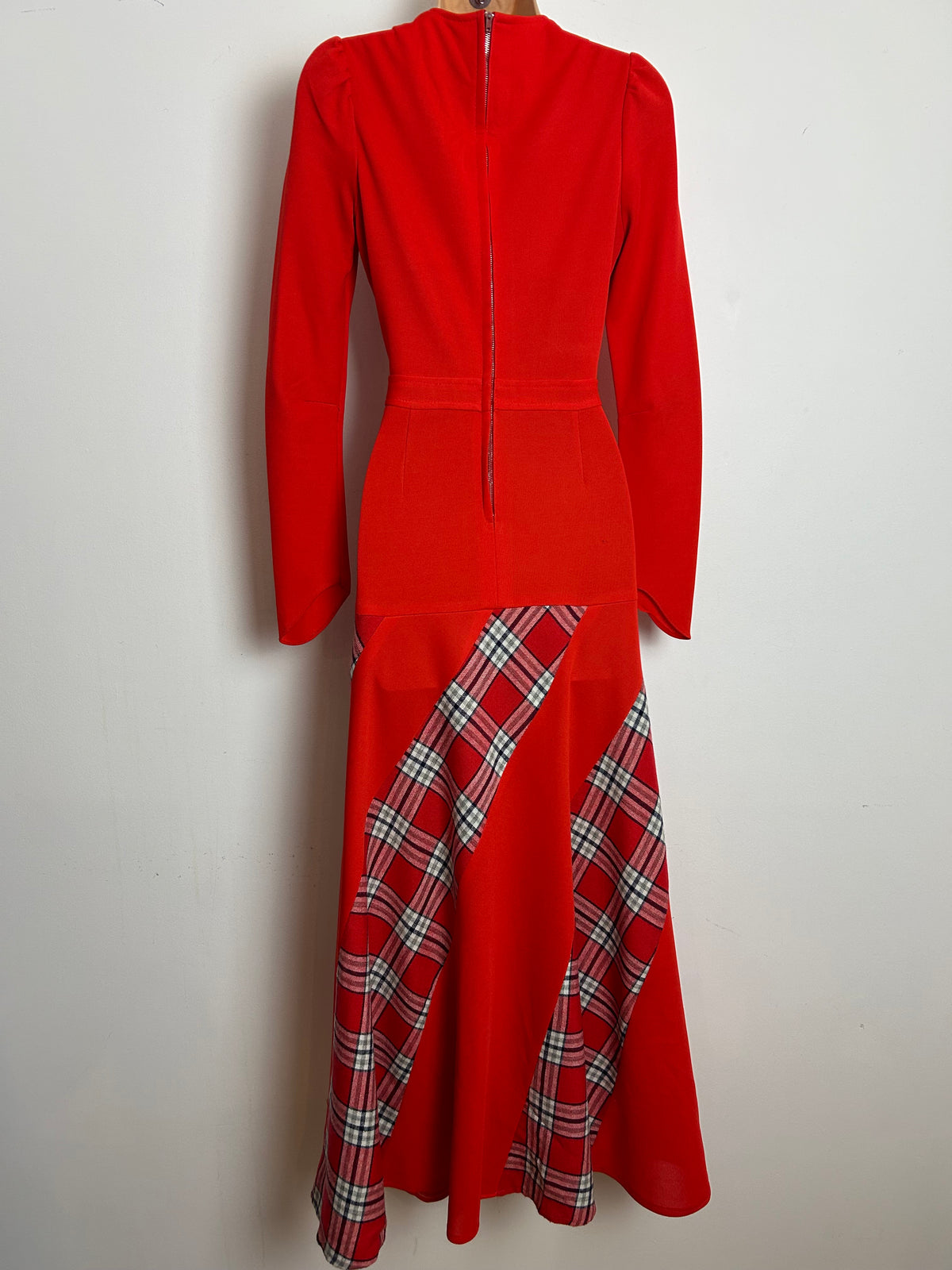 Vintage 1970s Size 8 Red Tartan Check Panels Applique Detail Long Sleeve Maxi Dress