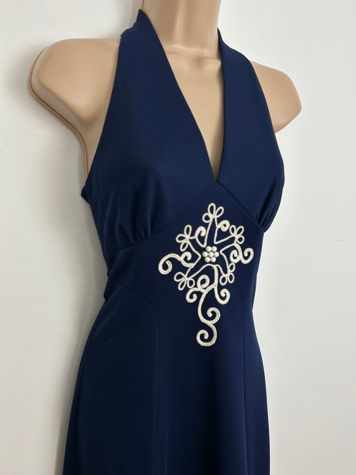 Vintage 1970s Size 8 Navy Blue Sleeveless Braid & Braid Trim Sleeveless Maxi Dress