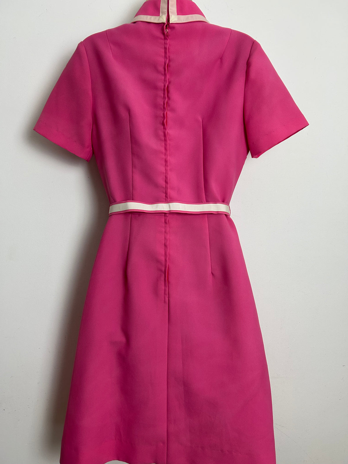 Vintage Late 1960s BERNARD FRERES Size 10 Candy Pink Belted Pleated Mod Dress