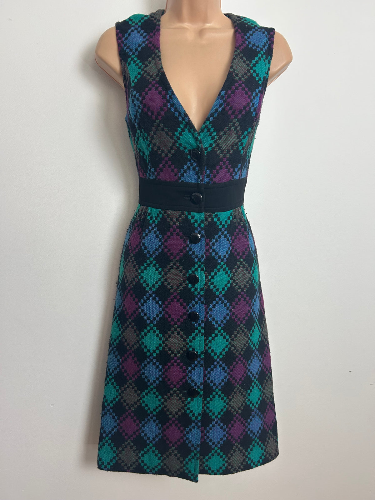 Vintage Late 1960s WINDSMOOR Size 10 Black Blue & Purple Diamond Check Button Through Woven Day Dress
