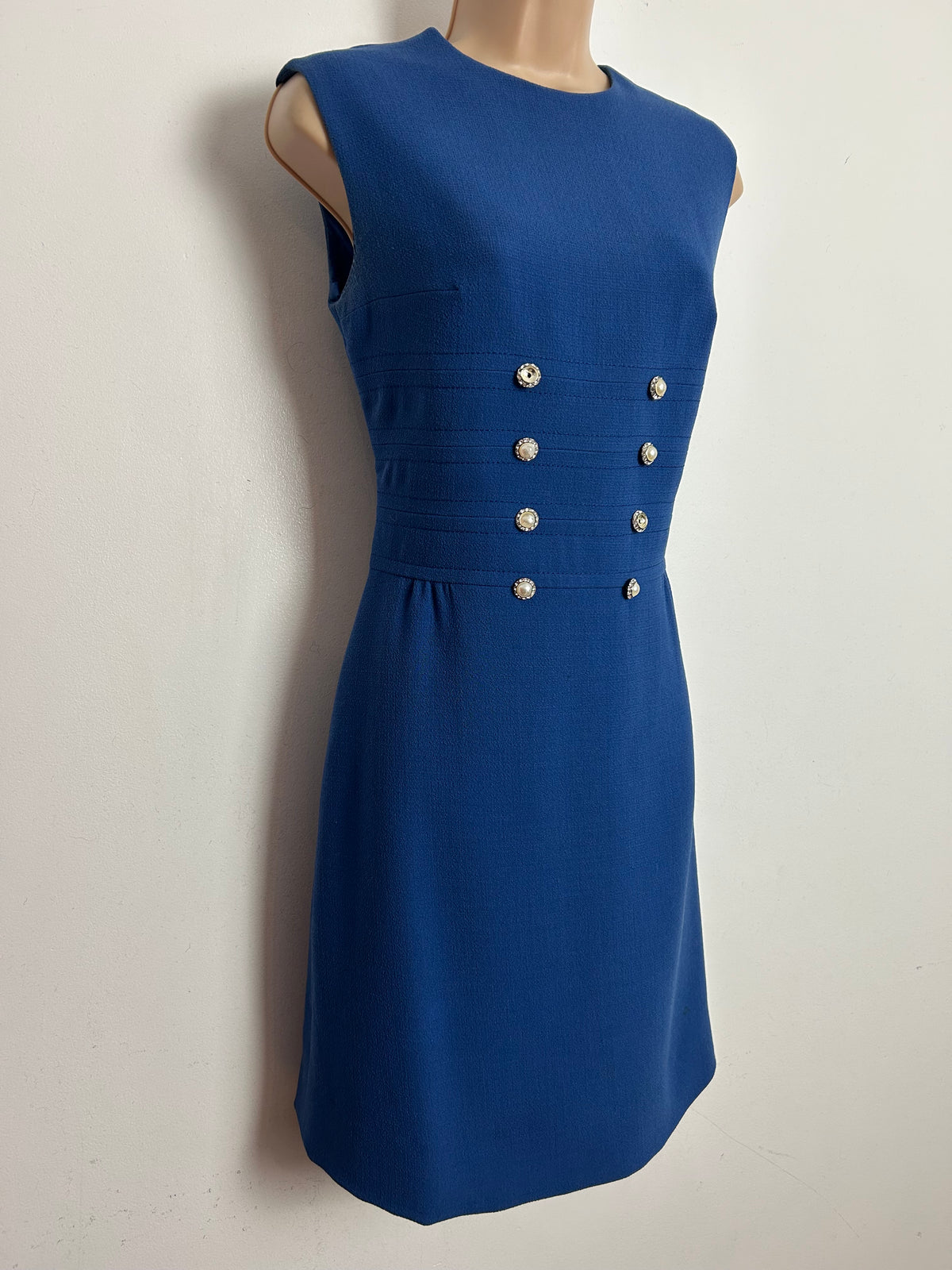 Vintage 1960s HEROS MODELL Size 8-10 Dusky Blue Pearl & Diamante Button Detail Mod Dress