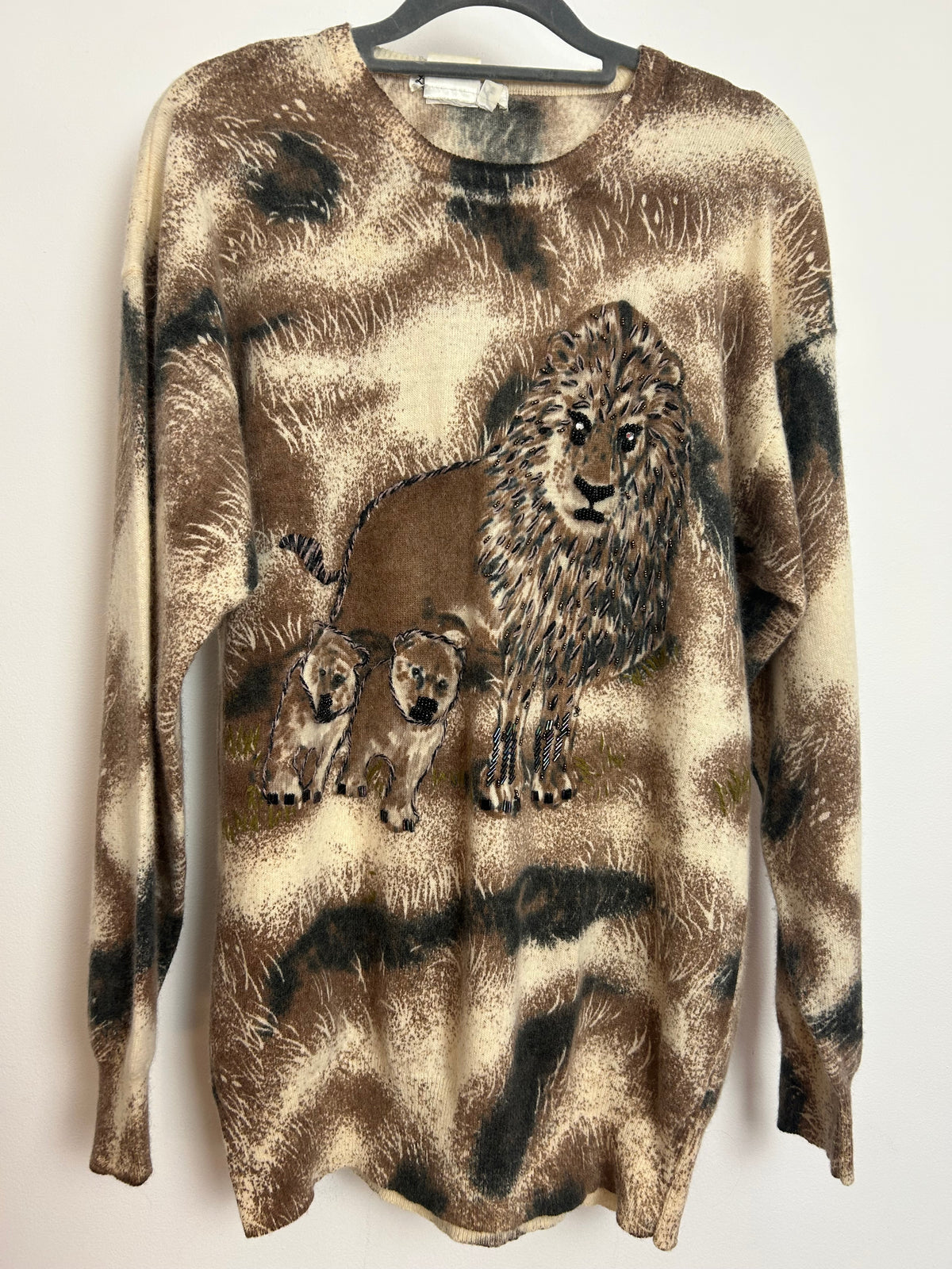 Vintage 1990s LA MONTE Italian Size M Brown Bead Applique Lion & Lion Cubs Lambswool Mix Jumper