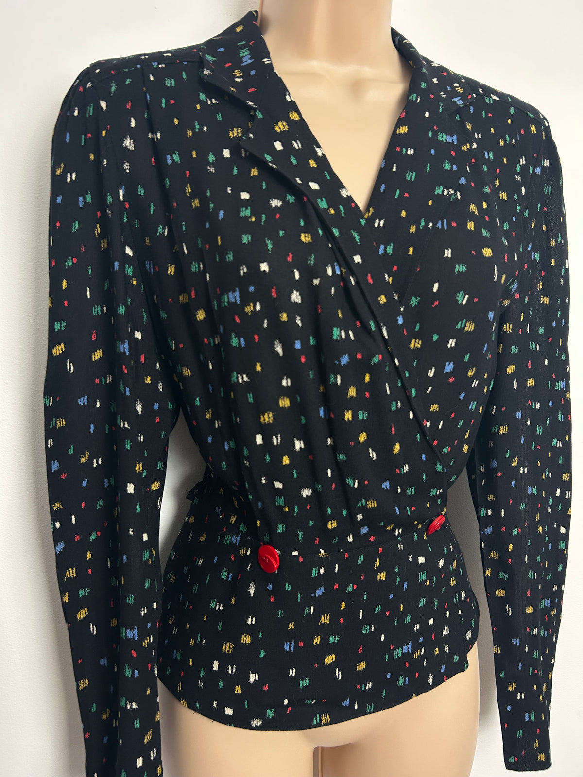 Vintage Late 1970s ELKONT Size 10 Black Multicolour Ditsy Print Long Sleeve Double Breasted Top