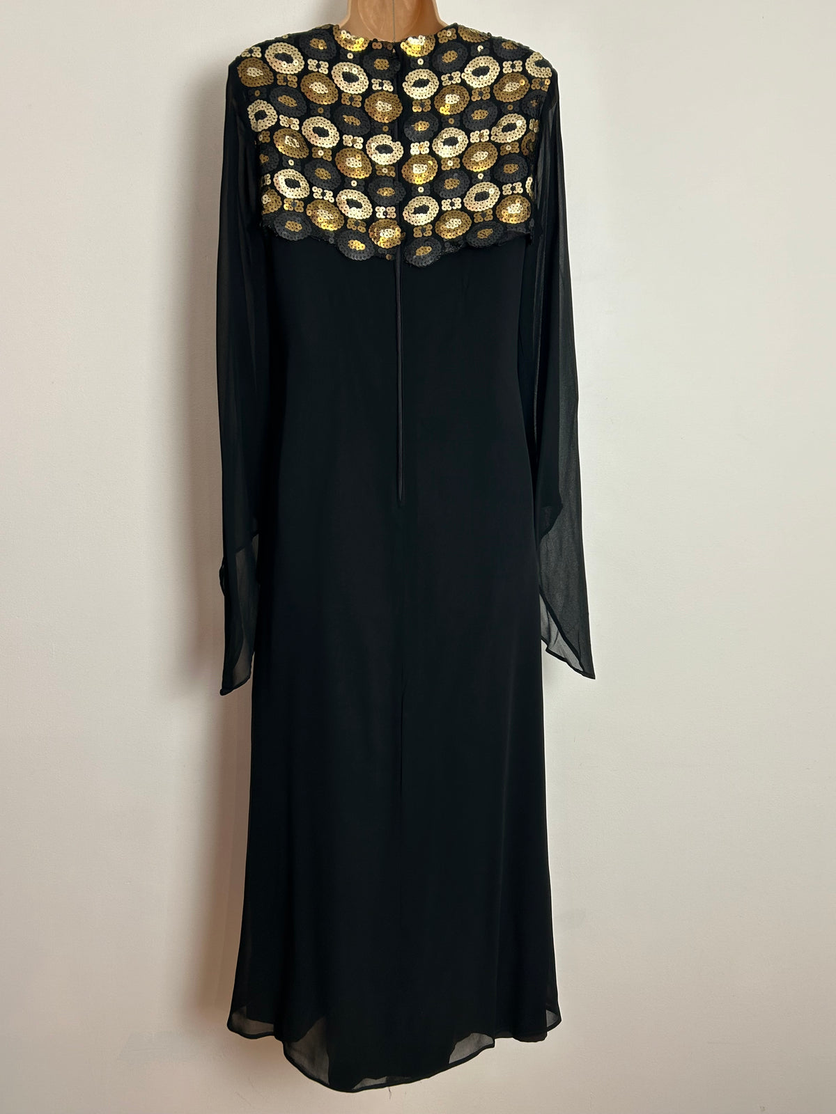 Vintage 1960s FRANK USHER UK Size 10 Black Chiffon Occasion Maxi Dress With Gold Bronze & Pewter Sequin Detailing