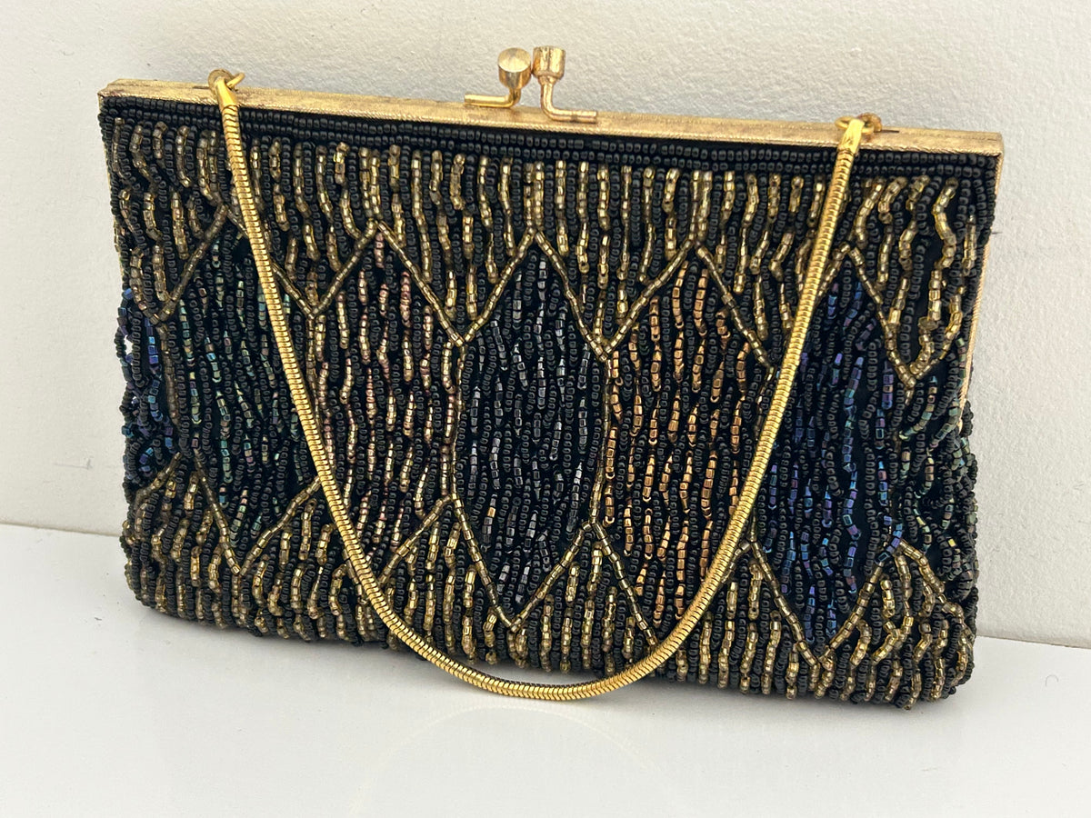 Vintage 1960s Handmade In Hong Kong Small Beaded Evening Bag With Snake Chain Handle