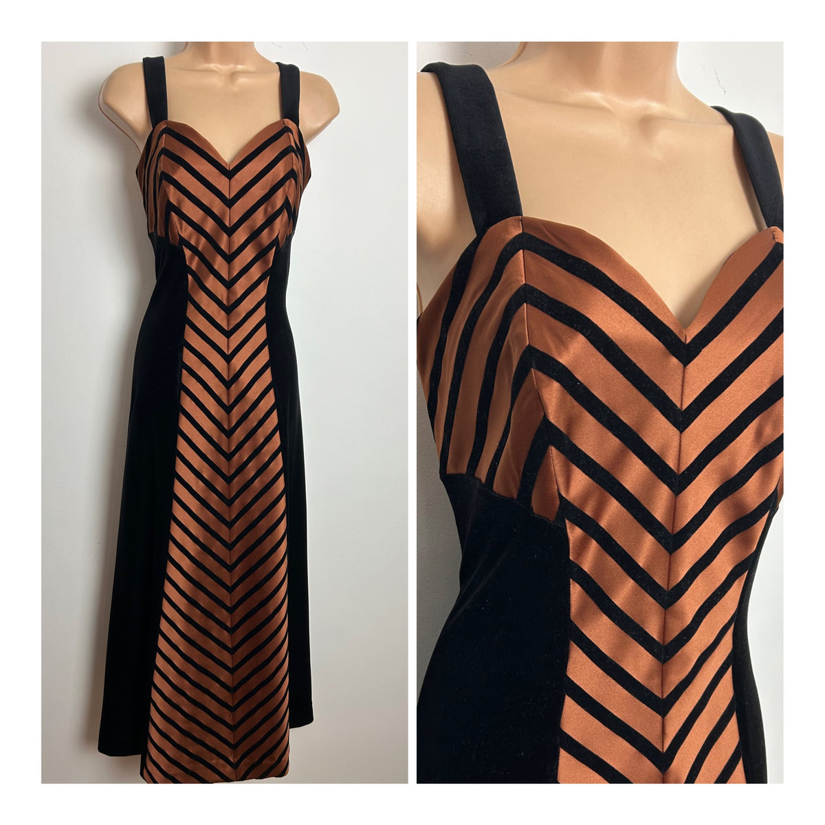 Vintage Early 1980s VERA MONT FRANCE Size 8-10 Black Velvet & Bronze Satin Stripe Panel Occasion Evening Maxi Dress