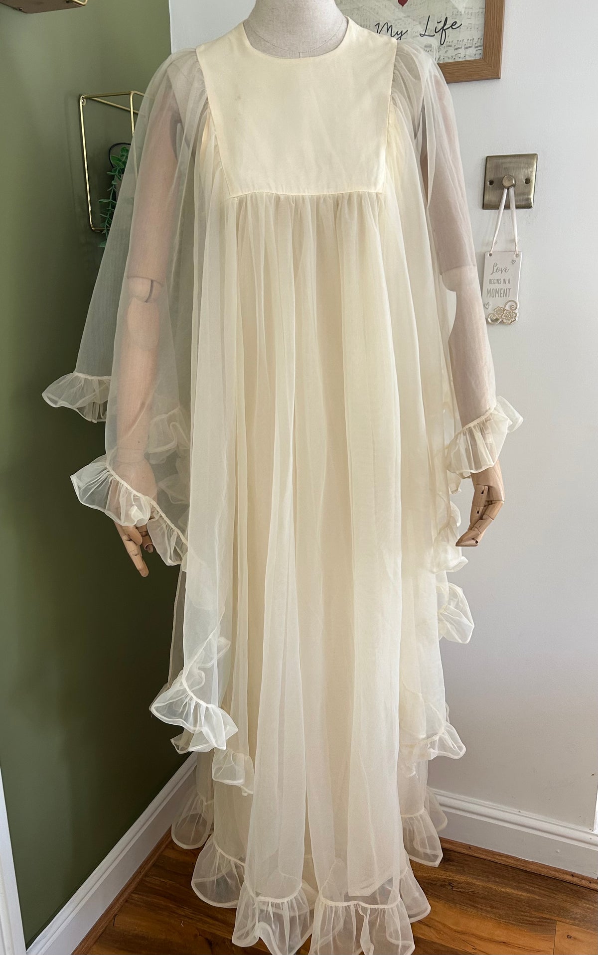Vintage 1960s Size 10 Cream Nylon Double Layered Ruffle Trim Wide Floaty Sleeve Boho Maxi Dress