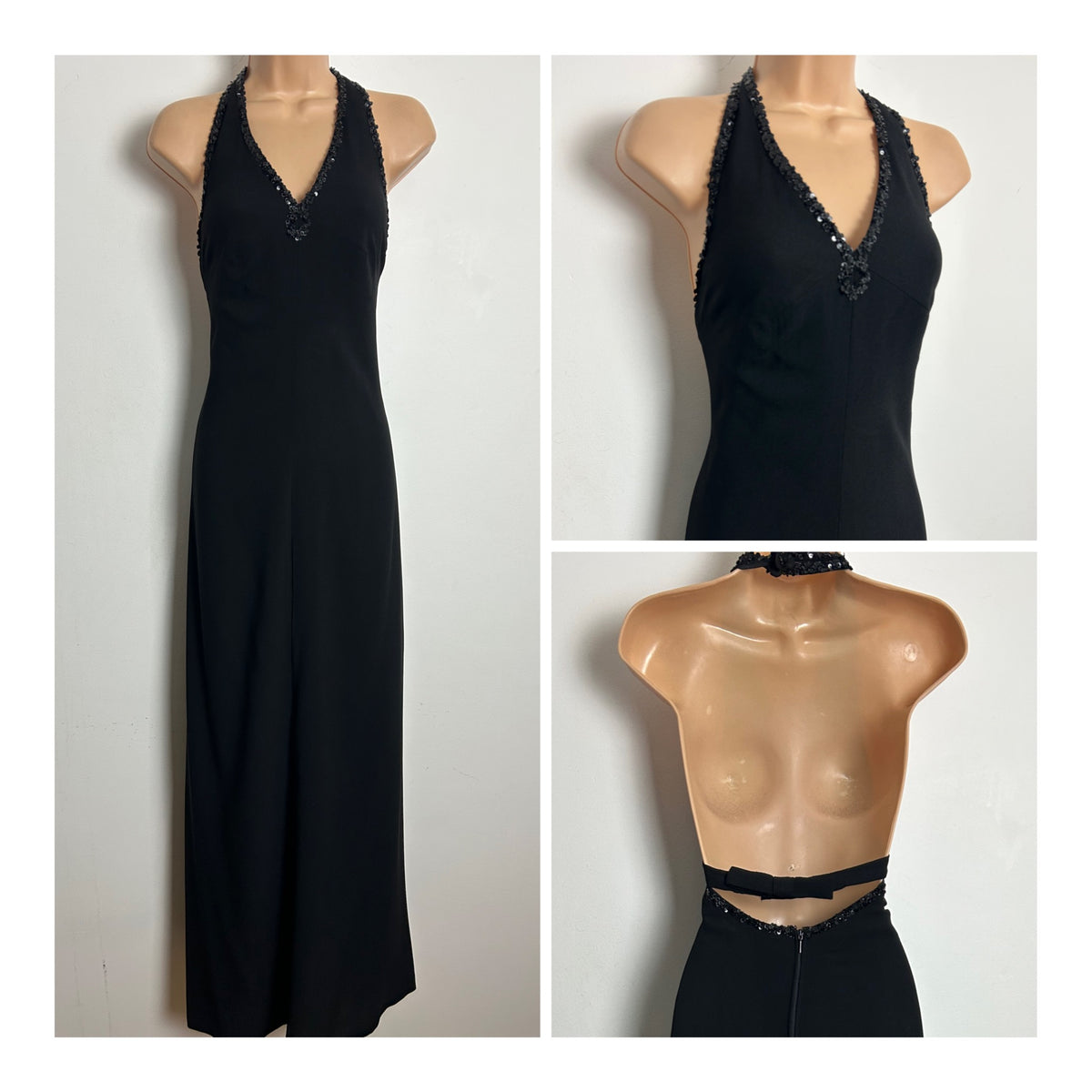 Vintage 1970s Size 10-12 BlackPure New Wool Sequin Open Back Bow Strap Halter Neck Evening Maxi Dress