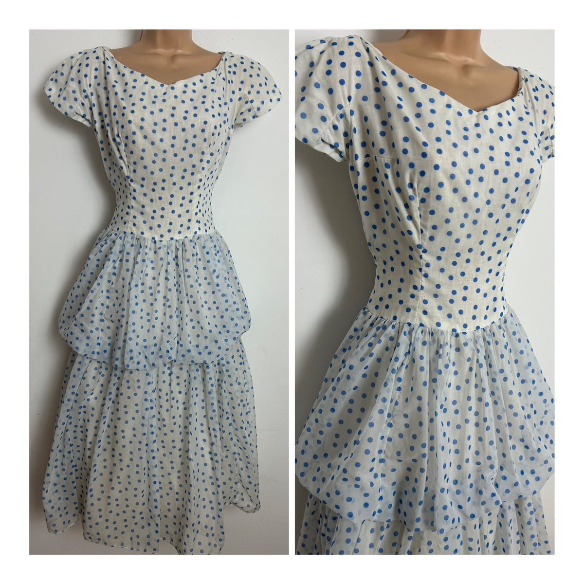 Vintage Late 1950s PECK & PECK Size 8 White & Blue Polka Dot Layered Party Prom Occasion Dress