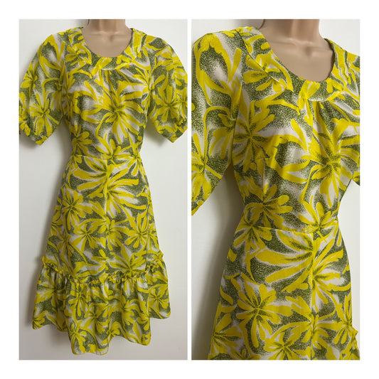Vintage Late 1960s/Early 1970s Size 8 Yellow & Olive Green Floral Prairie Boho Day Dress