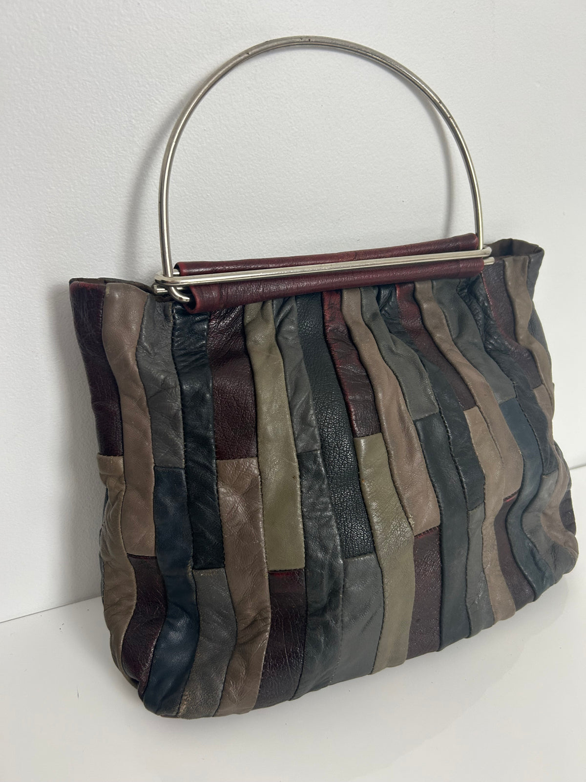 Vintage 1970s Dark Red Green & Grey Tones Patchwork Leather Metal Handled Boho Handbag