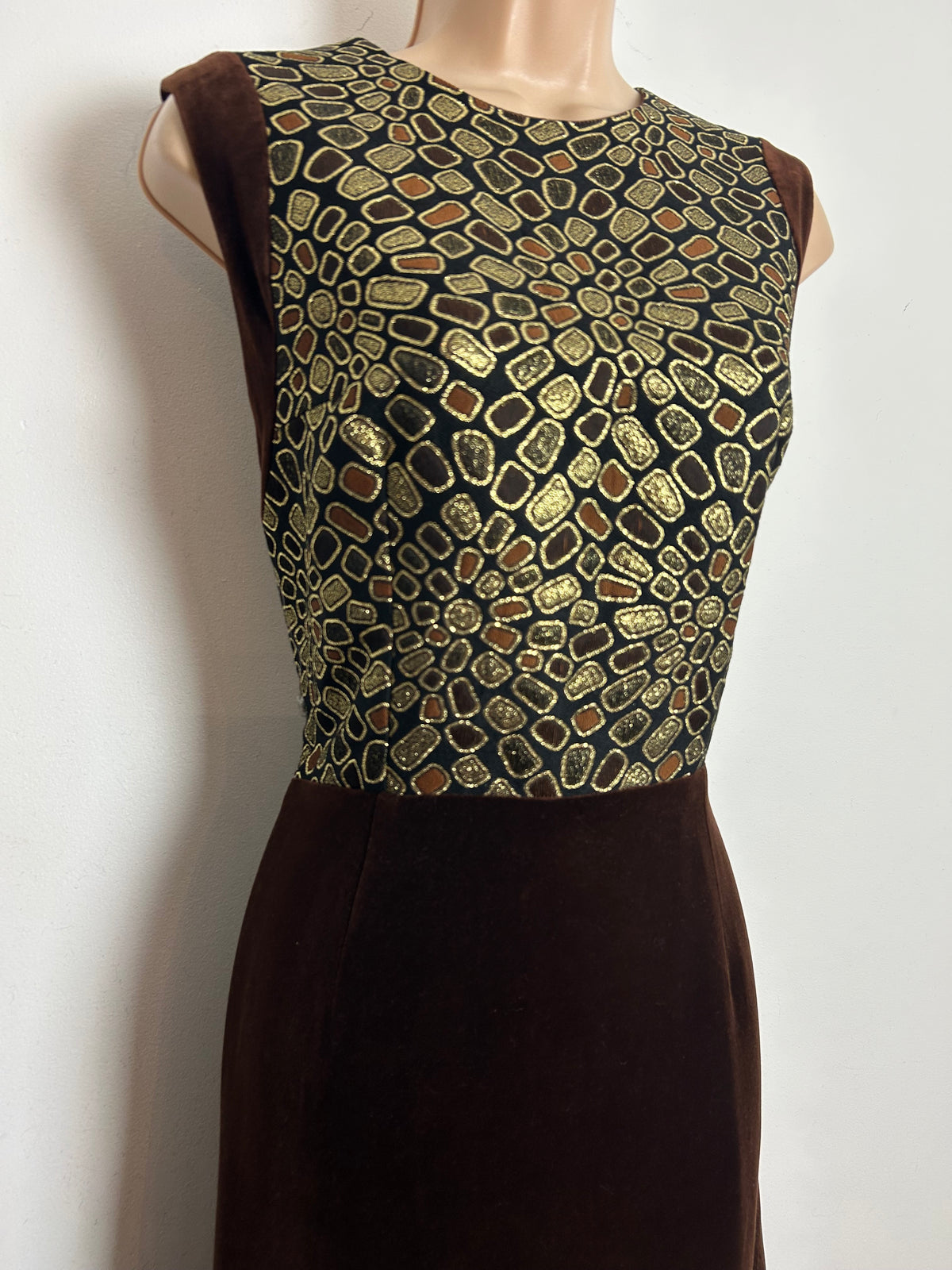Vintage 1960s FREDERICK HOWARD Size 12 Brown & Gold Brocade & Velvet Evening Occasion Maxi Dress